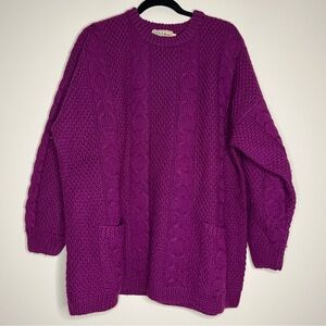 VTG L.L. BEAN 100% Wool Chunky Fuschia Magenta Cable Knit Fisherman Sweater